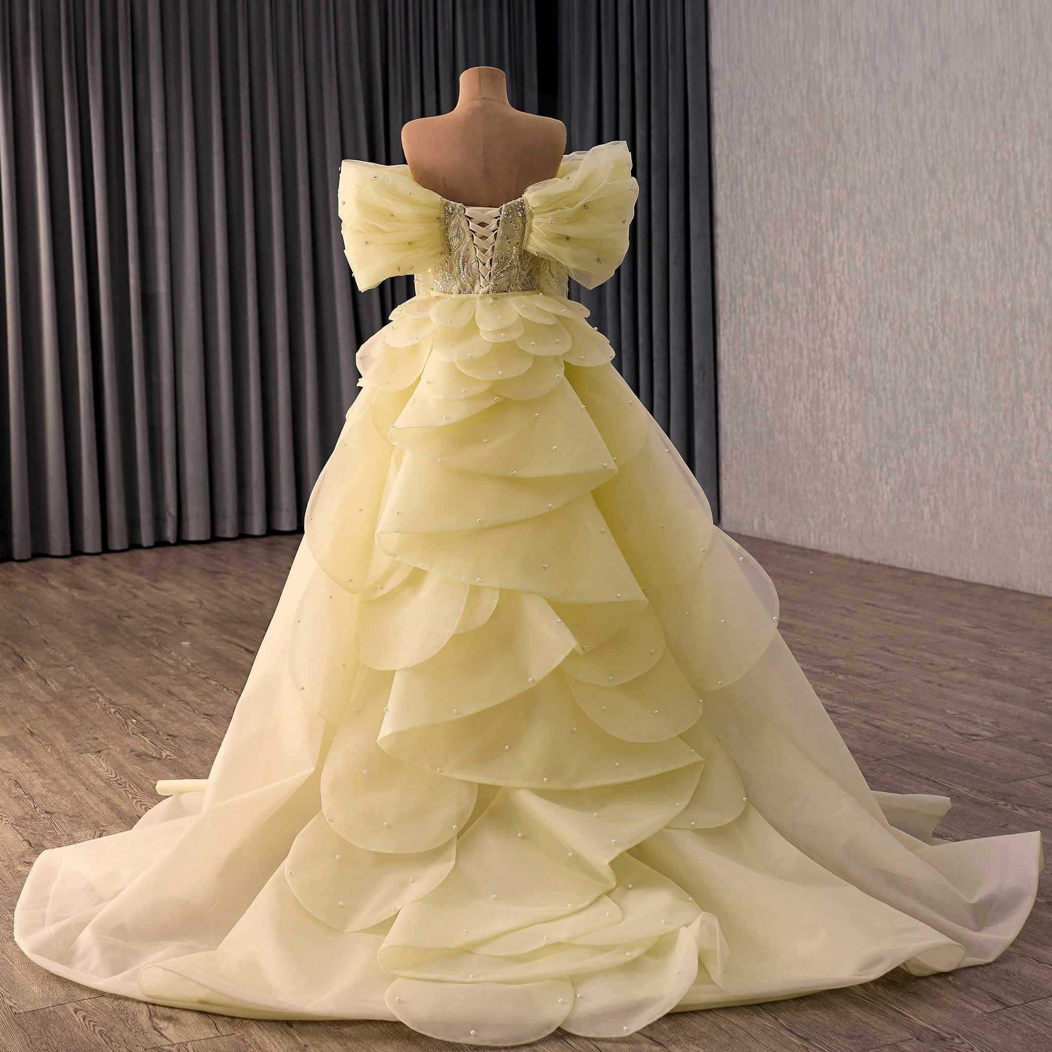 Yellow 2-in-1 Formal Gown with Beaded Mermaid & Detachable Tiered Overskirt - Rosymae