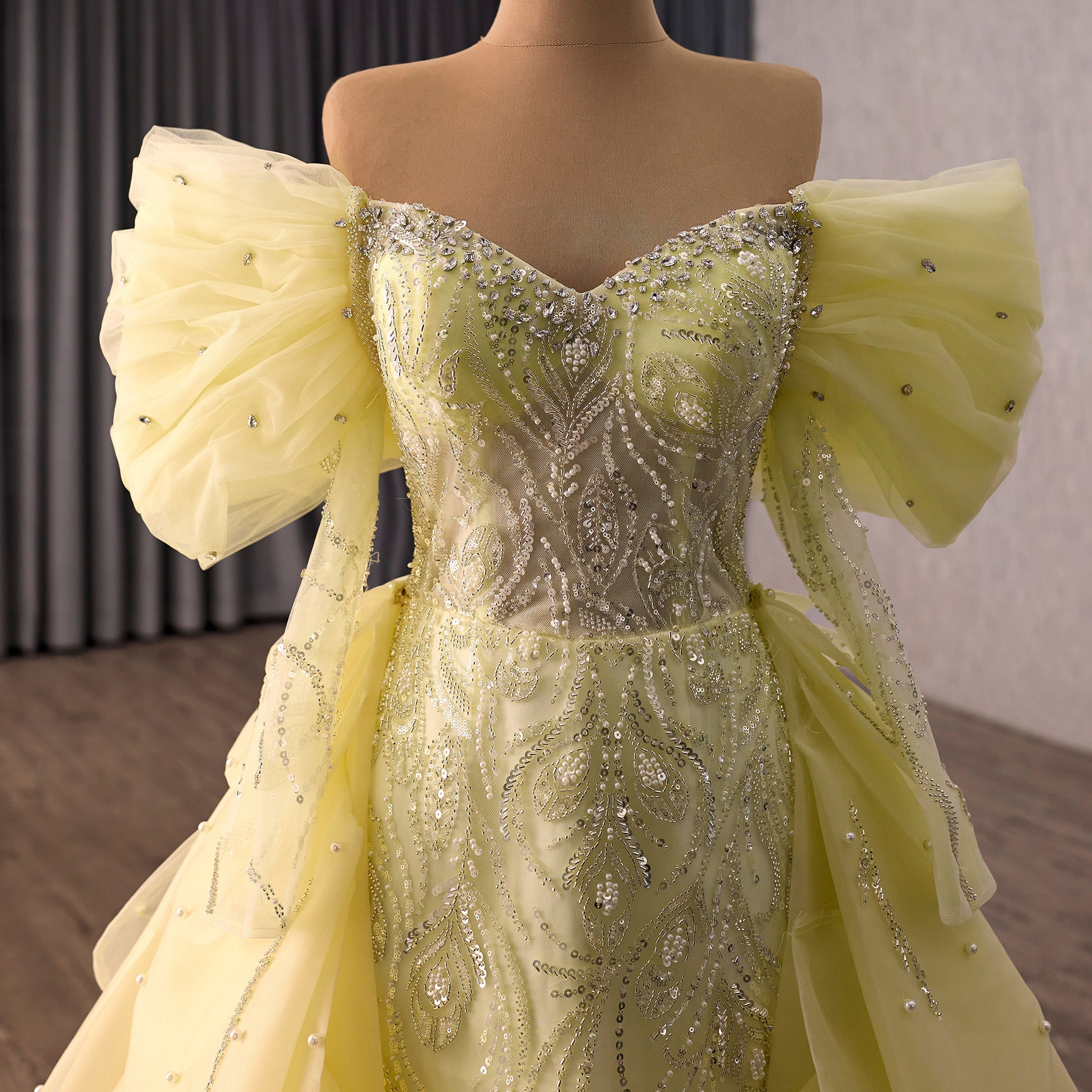 Yellow 2-in-1 Formal Gown with Beaded Mermaid & Detachable Tiered Overskirt - Rosymae