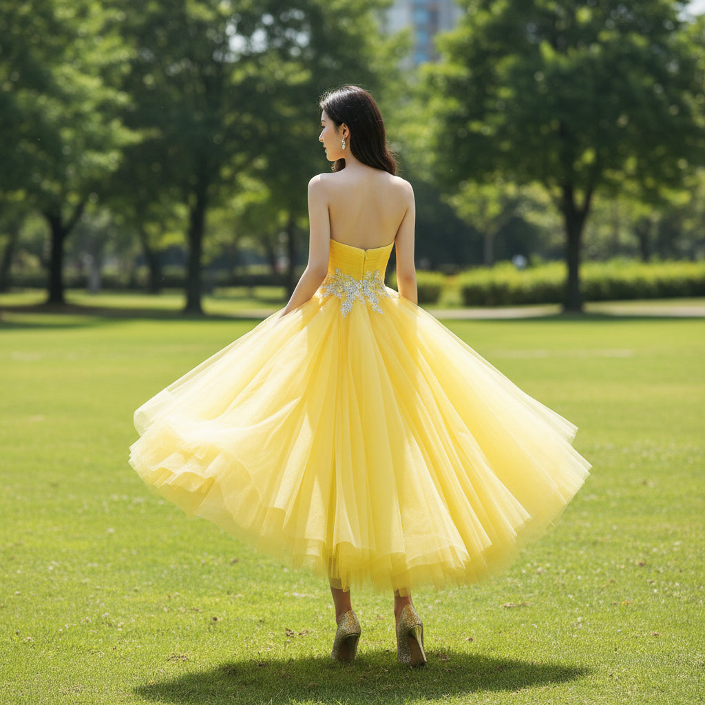 Trendy Yellow Knee Length Dresses for Women with Floral & Sequins Rosymae Trendy Yellow Knee Length Dresses for Women with Floral & Sequins Rosymae