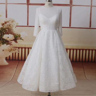 3/4 Sleve Sheer Neck High Back A-line Tea Length Wedding Dress
