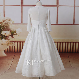 3/4 Sleve Sheer Neck High Back A-line Tea Length Wedding Dress