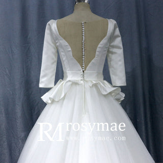 3/4 Sleeve A-line Wedding Dress With Illusion Neckline - Rosymae