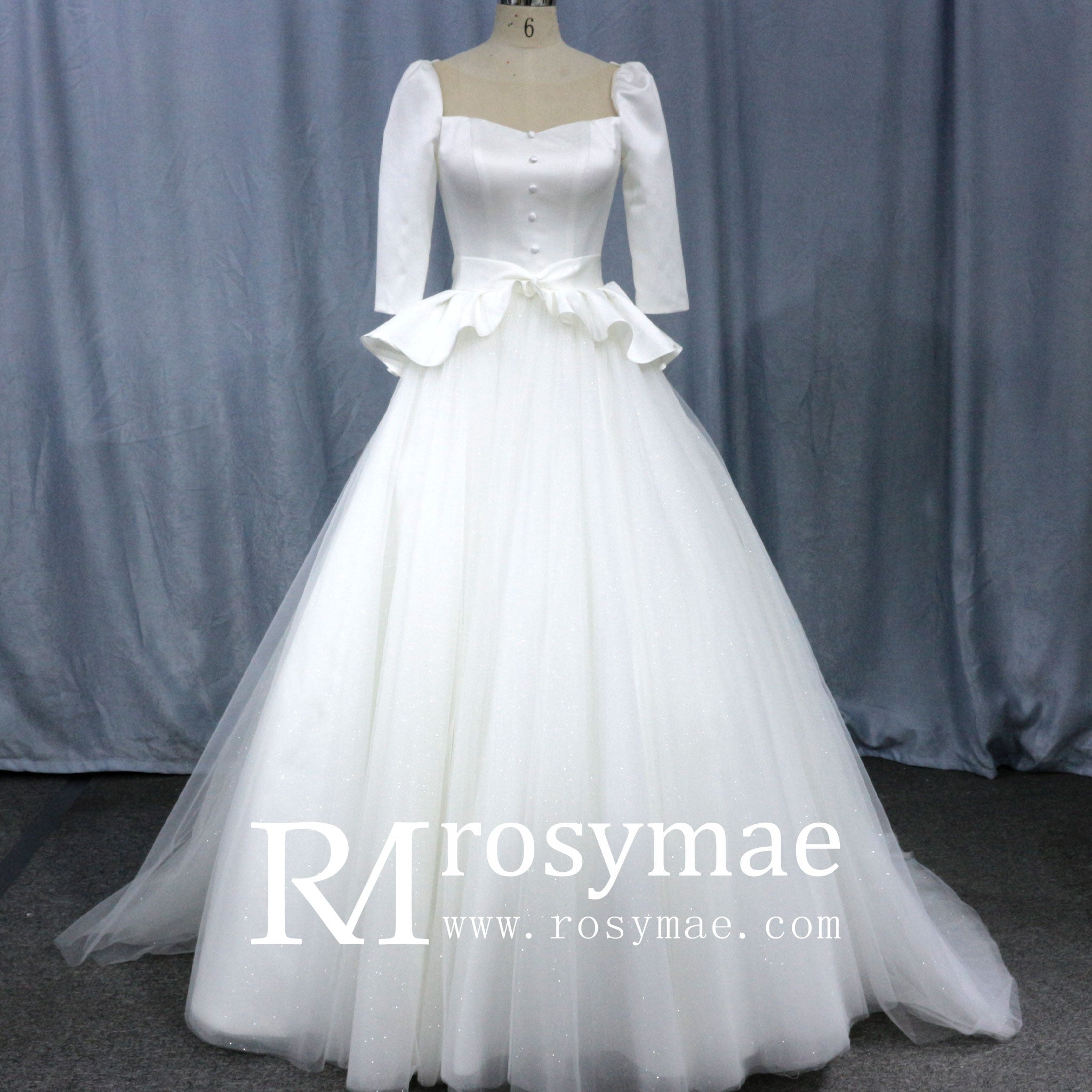 3/4 Sleeve A-line Wedding Dress With Illusion Neckline - Rosymae
