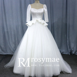 3/4 Sleeve A-line Wedding Dress With Illusion Neckline - Rosymae