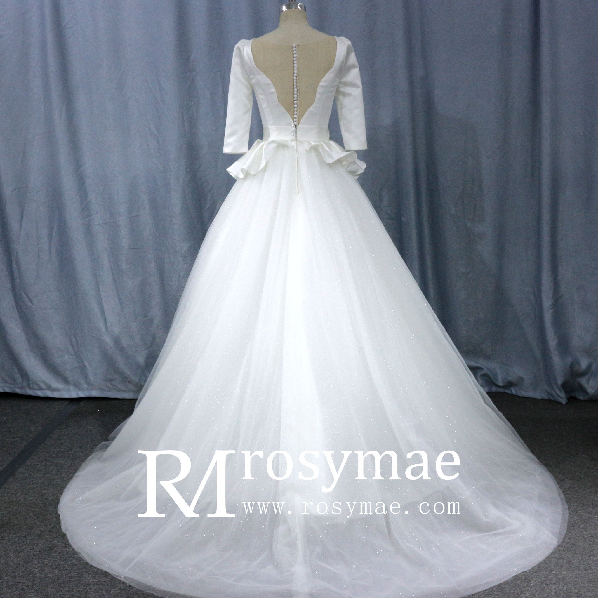 3/4 Sleeve A-line Wedding Dress With Illusion Neckline - Rosymae