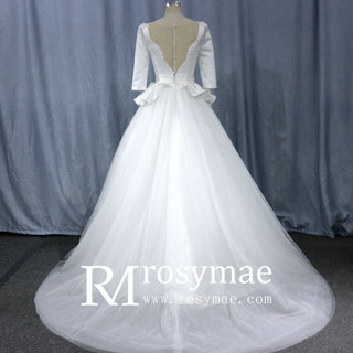 3/4 Sleeve A-line Wedding Dress With Illusion Neckline - Rosymae