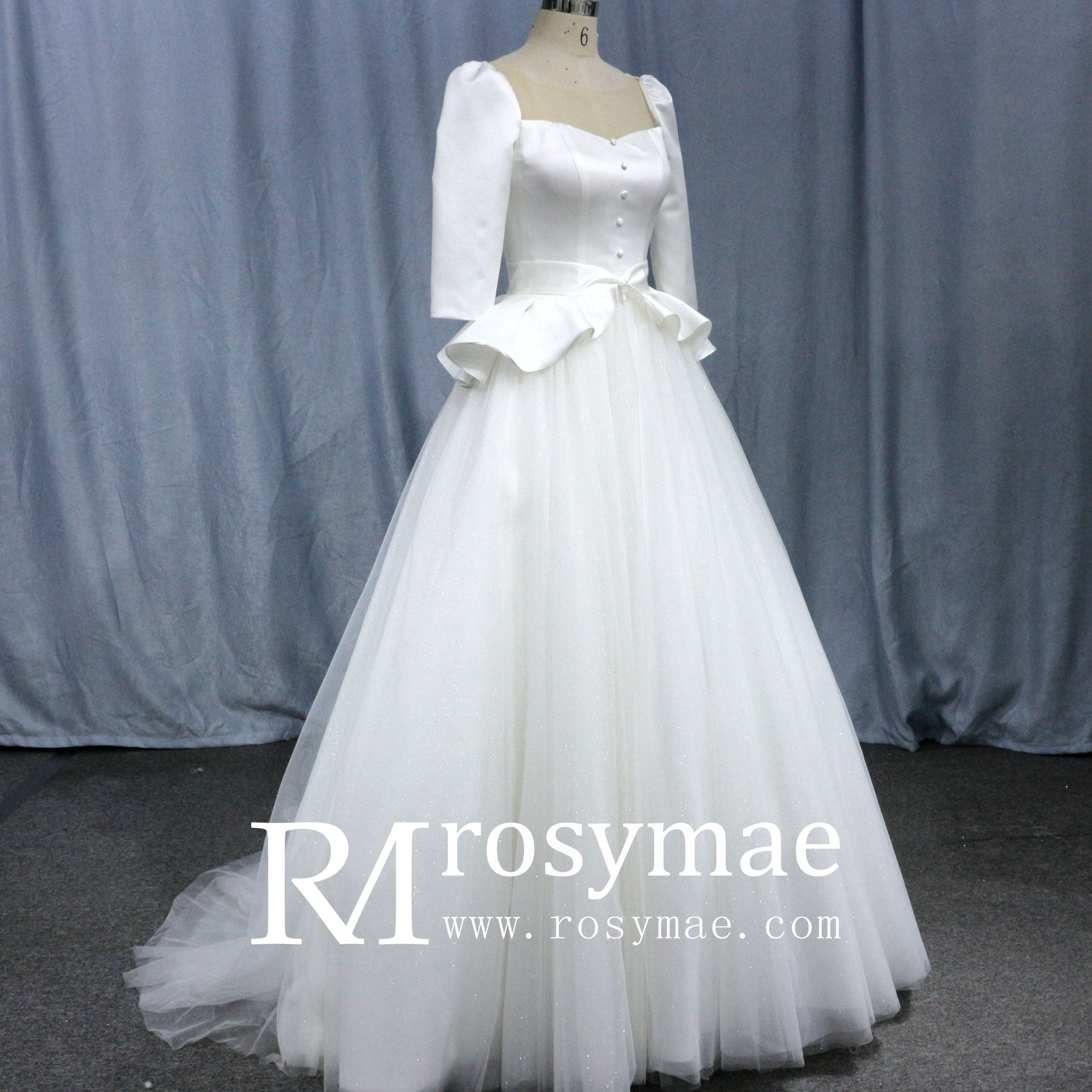 3/4 Sleeve A-line Wedding Dress With Illusion Neckline - Rosymae