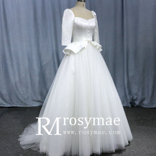 3/4 Sleeve A-line Wedding Dress With Illusion Neckline - Rosymae
