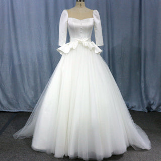 3/4 Sleeve A-line Wedding Dress With Illusion Neckline - Rosymae
