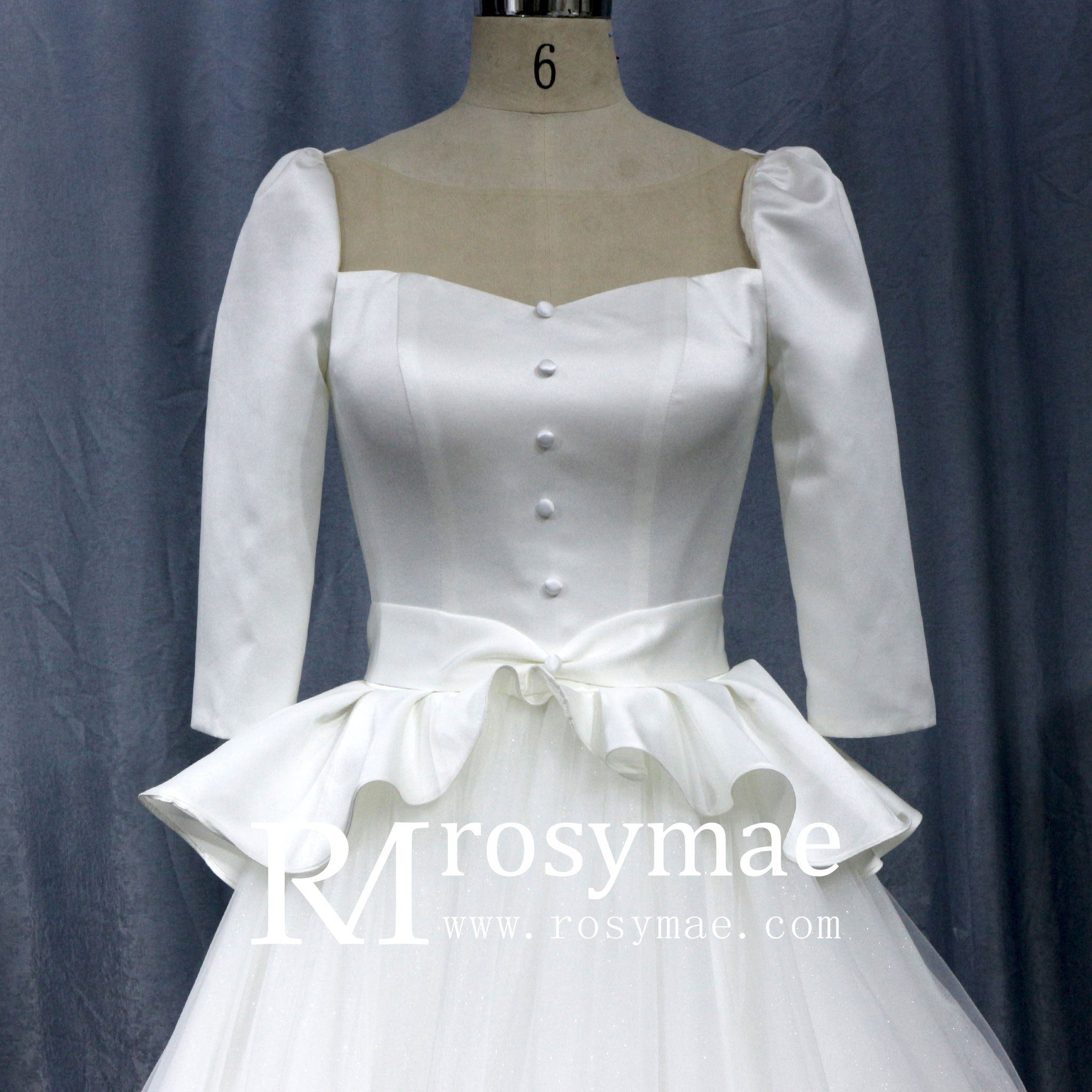 3/4 Sleeve A-line Wedding Dress With Illusion Neckline - Rosymae