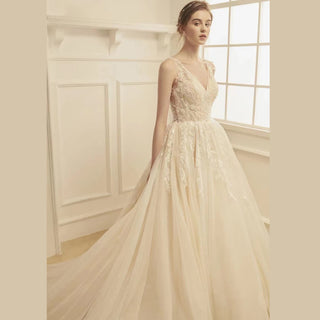 Double V A-Line Bridal Wedding Dress with Lantern Straps