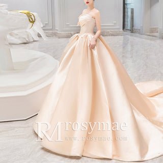 Deep Peach Asymmetrical Neckline Wedding Dress A-Line Bridal Gown