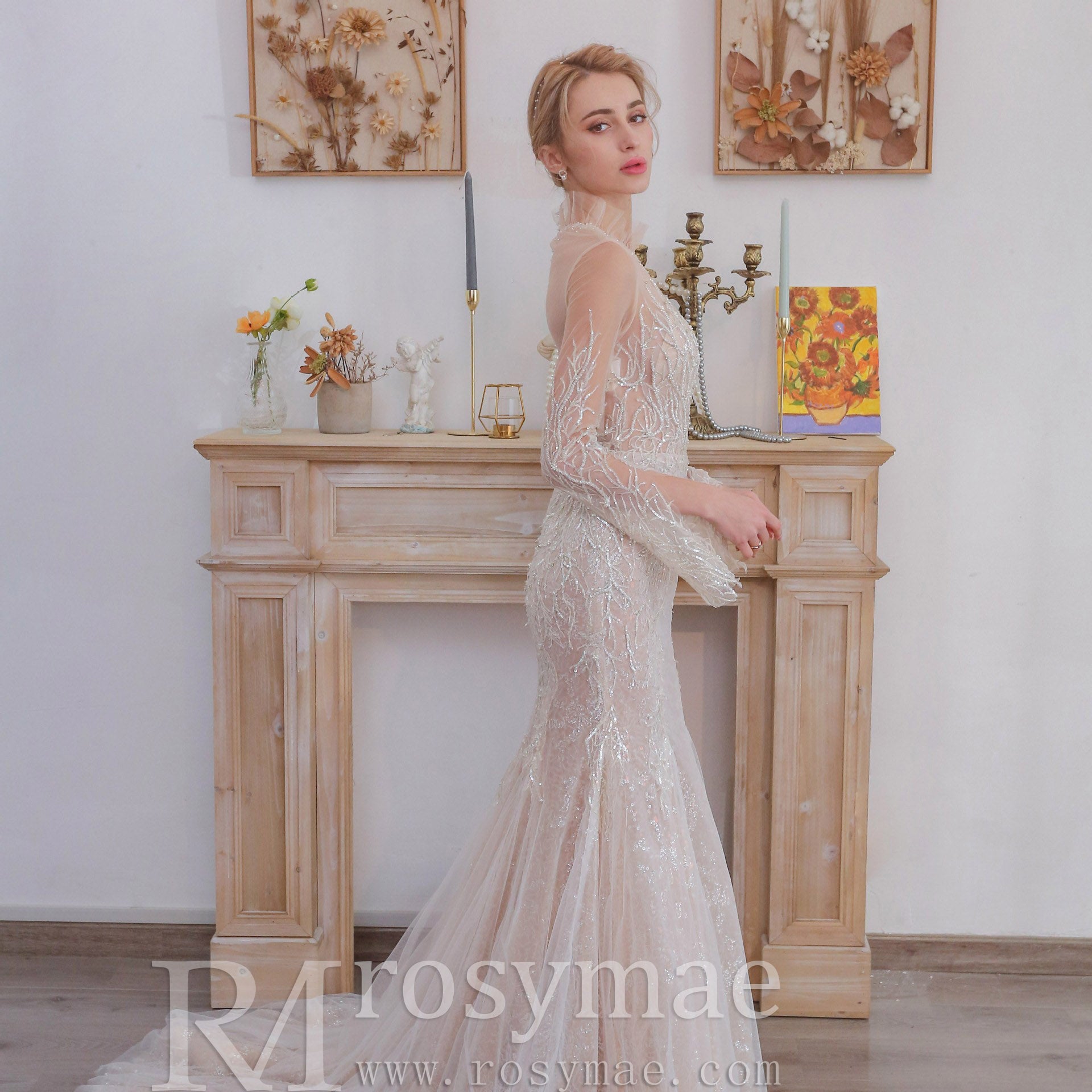 Mermaid Lace Wedding Dresses with High Neck Long Sleeves Ivory-Champagne / 6 Mermaid Lace Wedding Dresses with High Neck Long Sleeves Ivory-Champagne / 6