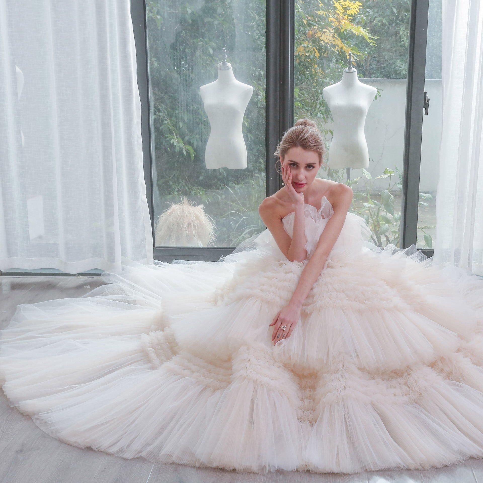 Romantic Tiered Tulle Ballgown Wedding Dress with Long Train Ivory and Champagne / 24W Romantic Tiered Tulle Ballgown Wedding Dress with Long Train Ivory and Champagne / 24W