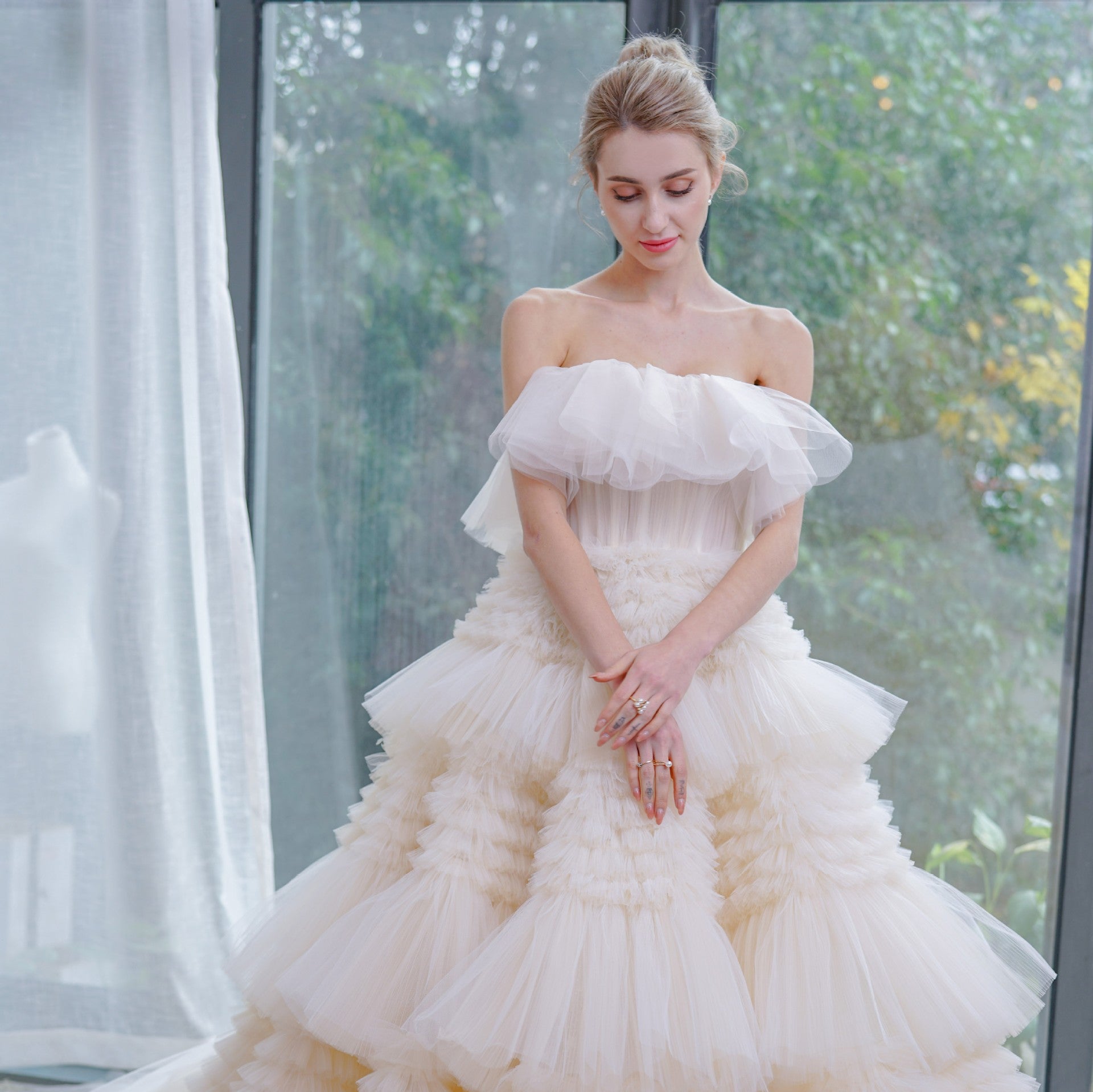 tiered tulle wedding dress Romantic Tiered Tulle Ballgown Wedding Dress with Long Train Ivory and Champagne / 24W