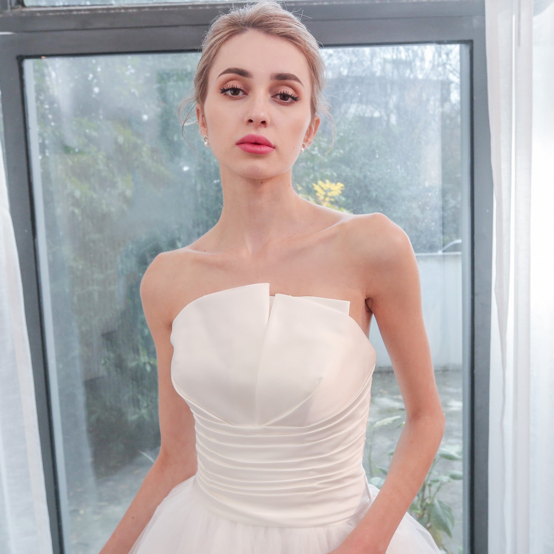 Unique Asymmetrical Neckline Strapless Simple Wedding Dress White / 10 Unique Asymmetrical Neckline Strapless Simple Wedding Dress White / 10