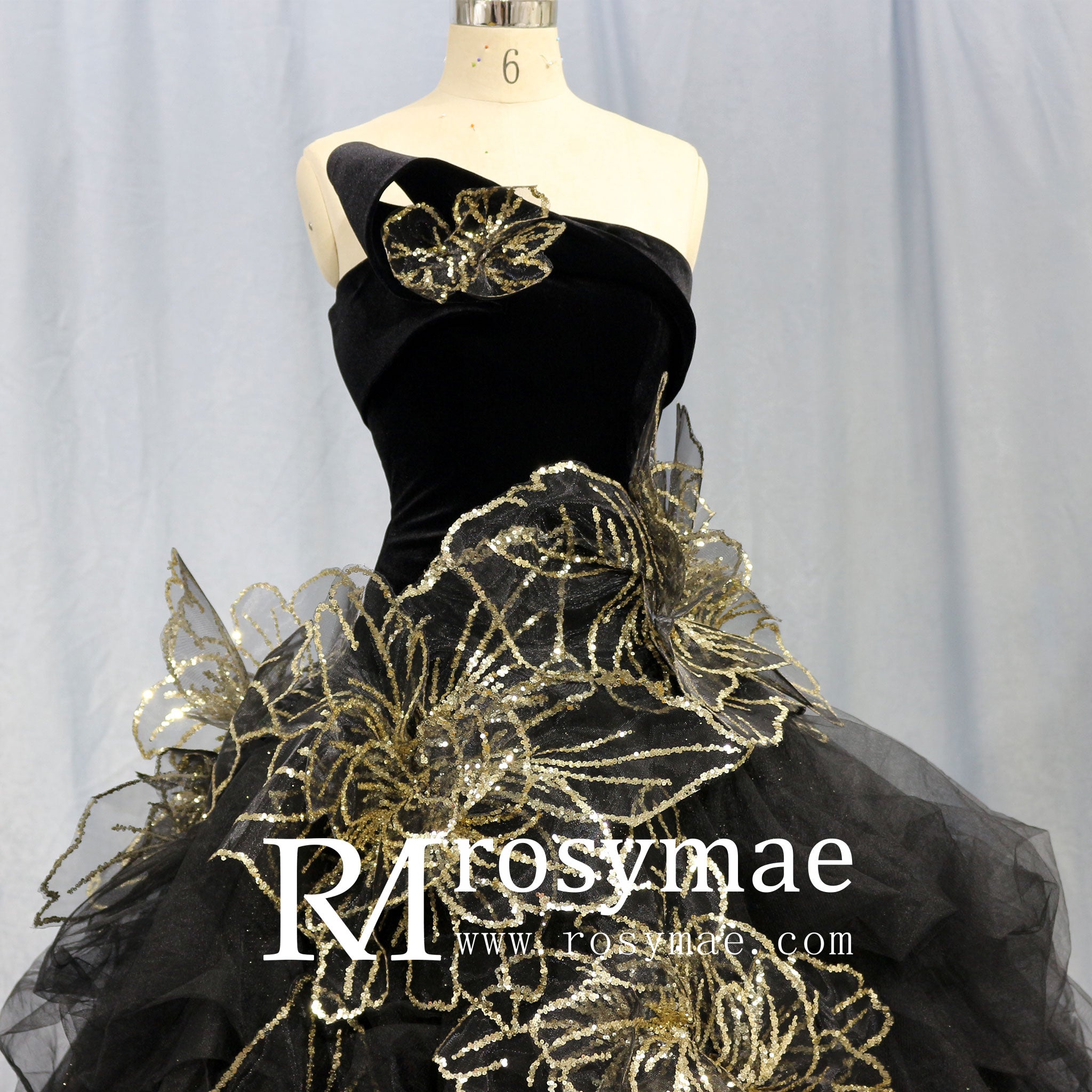 Elegant Black Wedding Dress with Gold Flower Ruffle Skirt Black / 20W Elegant Black Wedding Dress with Gold Flower Ruffle Skirt Black / 20W
