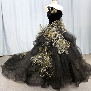 Black-wedding-dress-with-gold-flower