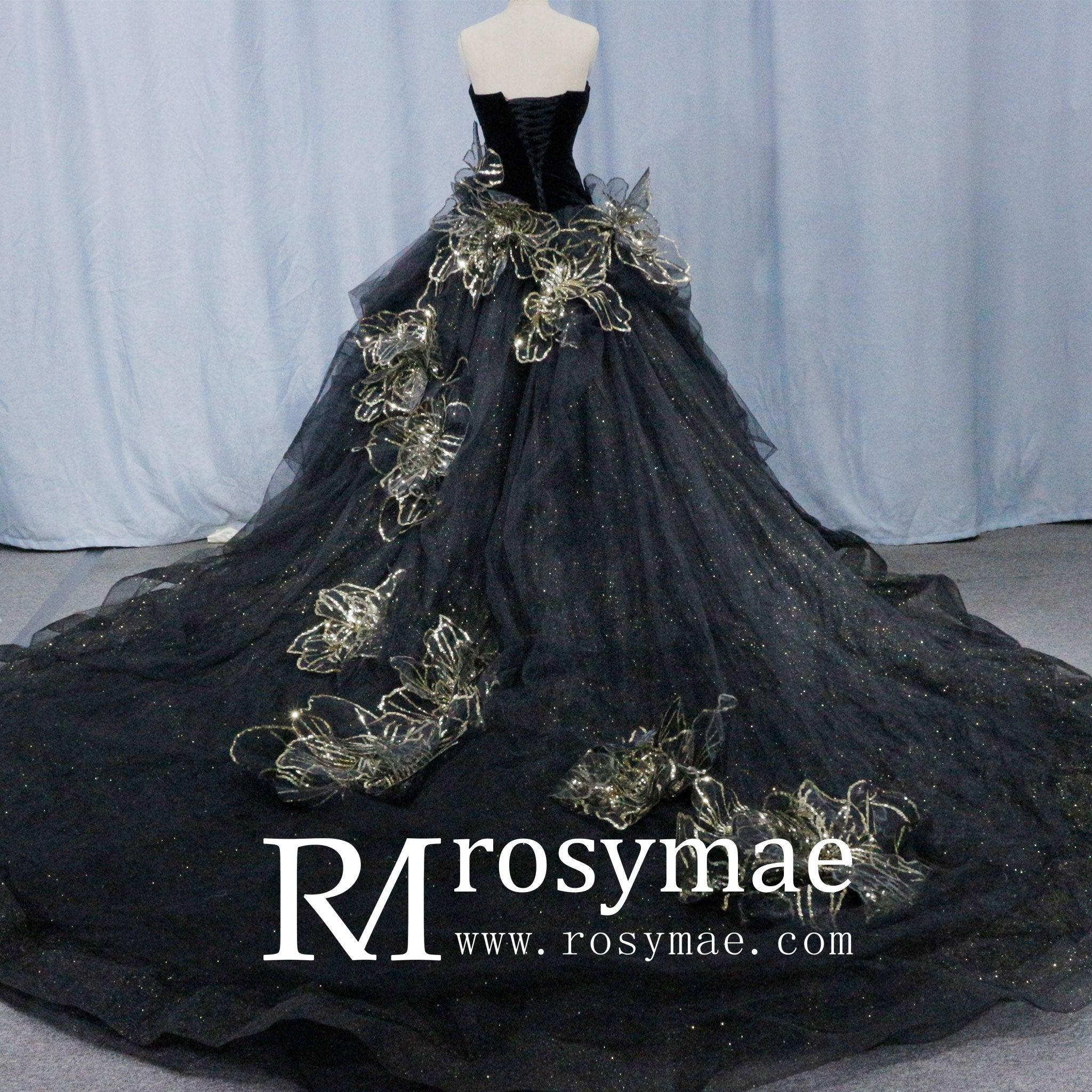 Elegant Black Wedding Dress with Gold Flower Ruffle Skirt – Rosymae
