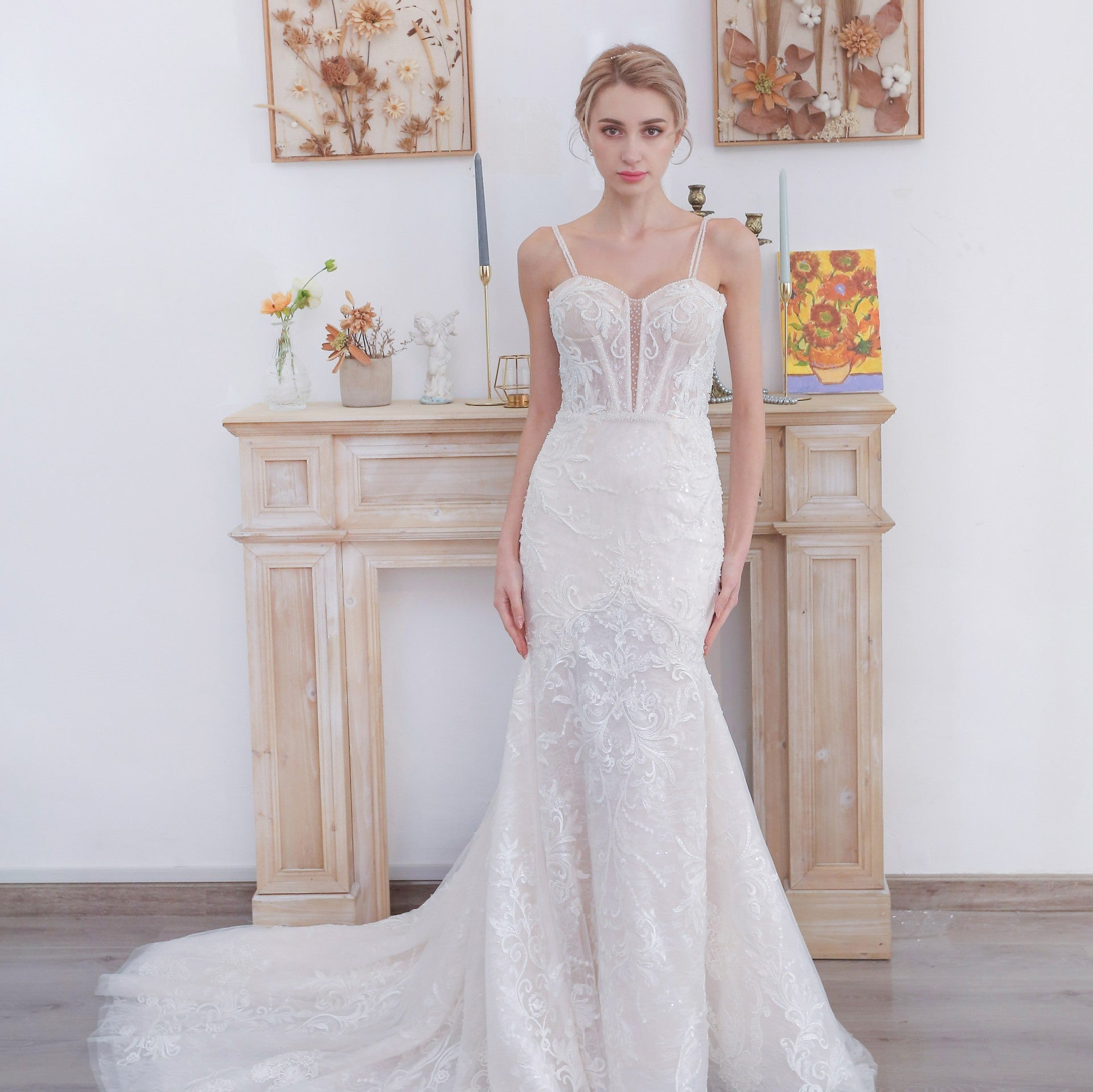 Fit and Flare Lace Wedding Dress with Double Spaghetti Straps