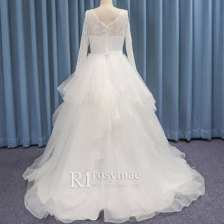 Long Sleeve V-neck Organza Plus Size Ball Gown Wedding Dress