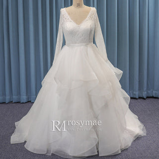 Long Sleeve V-neck Organza Plus Size Ball Gown Wedding Dress