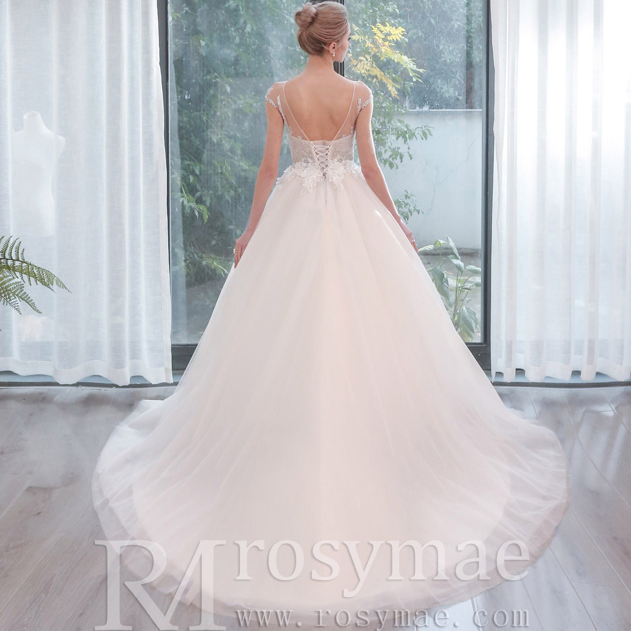 Plunging Sheer Neckline Capped Sleeve A Line Wedding Dresses Champagne / 18 Plunging Sheer Neckline Capped Sleeve A Line Wedding Dresses Champagne / 18