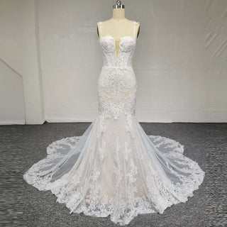Spaghetti Straps Mermaid Lace Wedding Dresses with Long Train