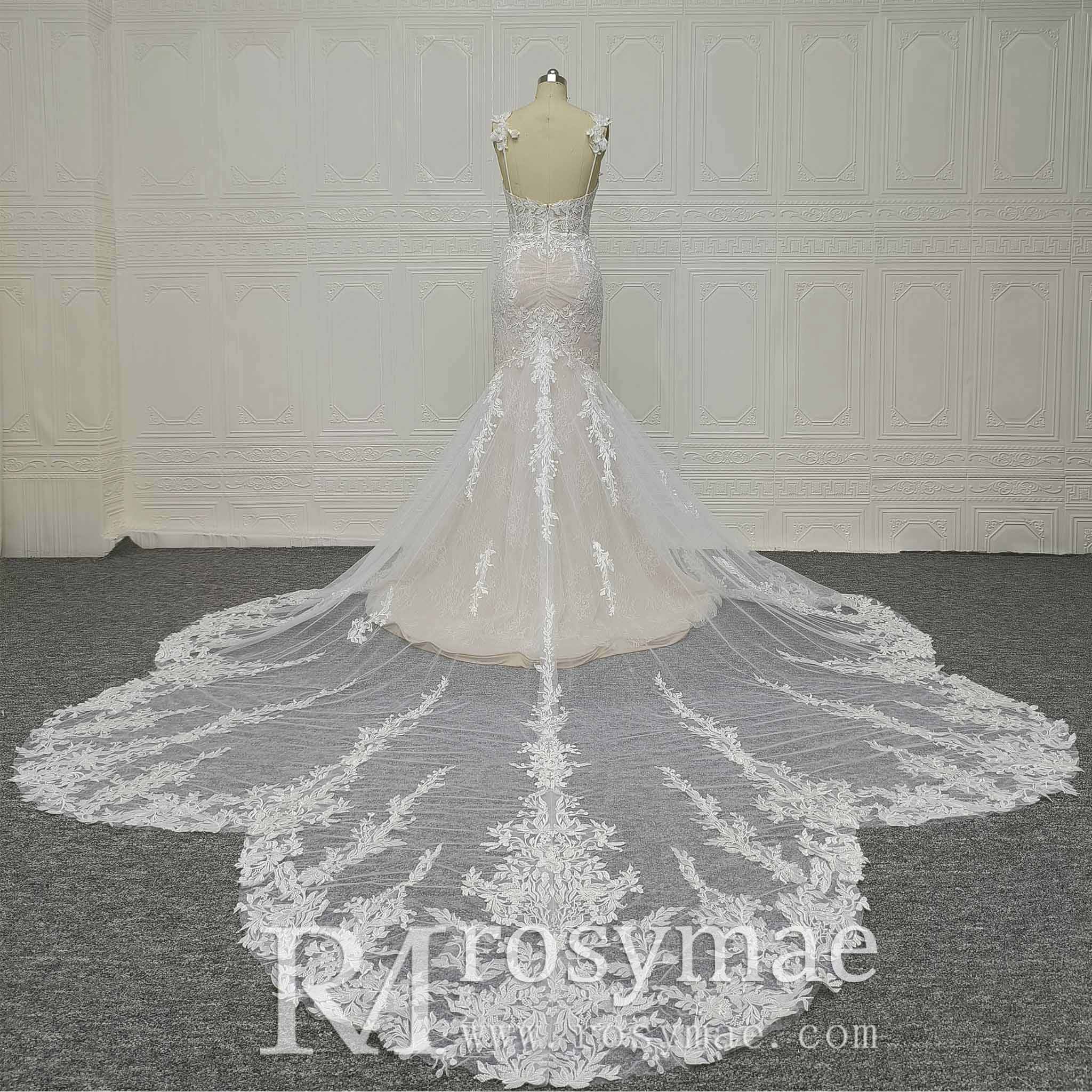 Spaghetti Straps Mermaid Lace Wedding Dresses with Long Train Ivory / 24W Spaghetti Straps Mermaid Lace Wedding Dresses with Long Train Ivory / 24W