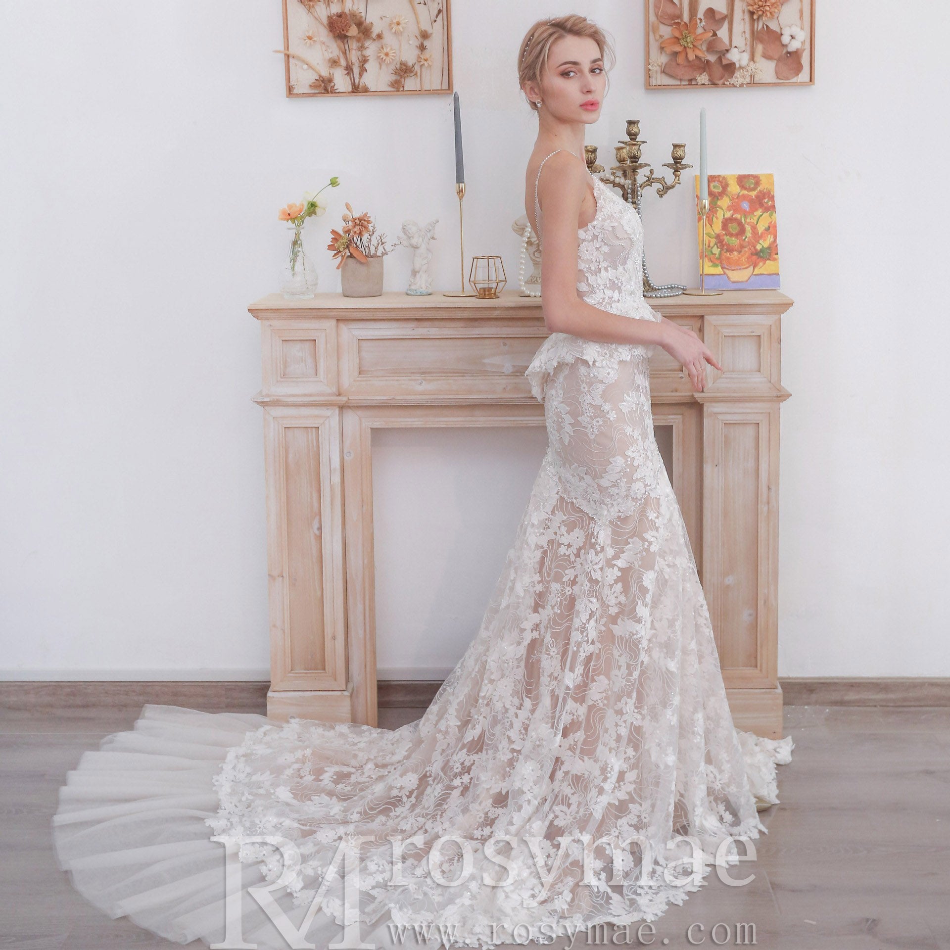 Spaghetti Strap V-Neckline Lace Mermaid Wedding Dress with Beading Ivory and Champagne / 18w Spaghetti Strap V-Neckline Lace Mermaid Wedding Dress with Beading Ivory and Champagne / 18w