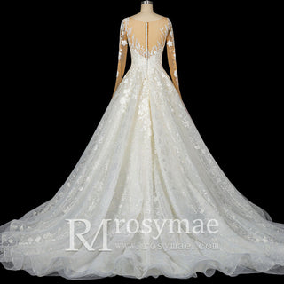 Princess Lace Ball Gown Wedding Dress Illusion Long Sleeve