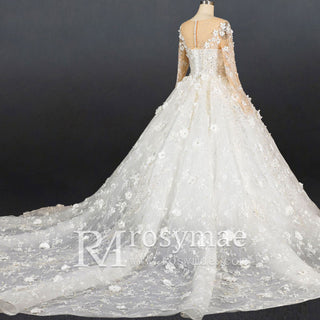 Unique Long Sleeve Ball Gown Wedding Dress with Sheer Neckline