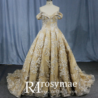 Golden-wedding-dresses-3D-embroidery-lace