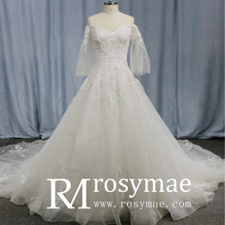 Sweetheart-Neck Half-Sleeve Tulle Lace Ball Gown Wedding Dress