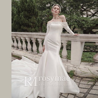 Affordable Off Shoulder Long Sleeve Satin Wedding Dresses