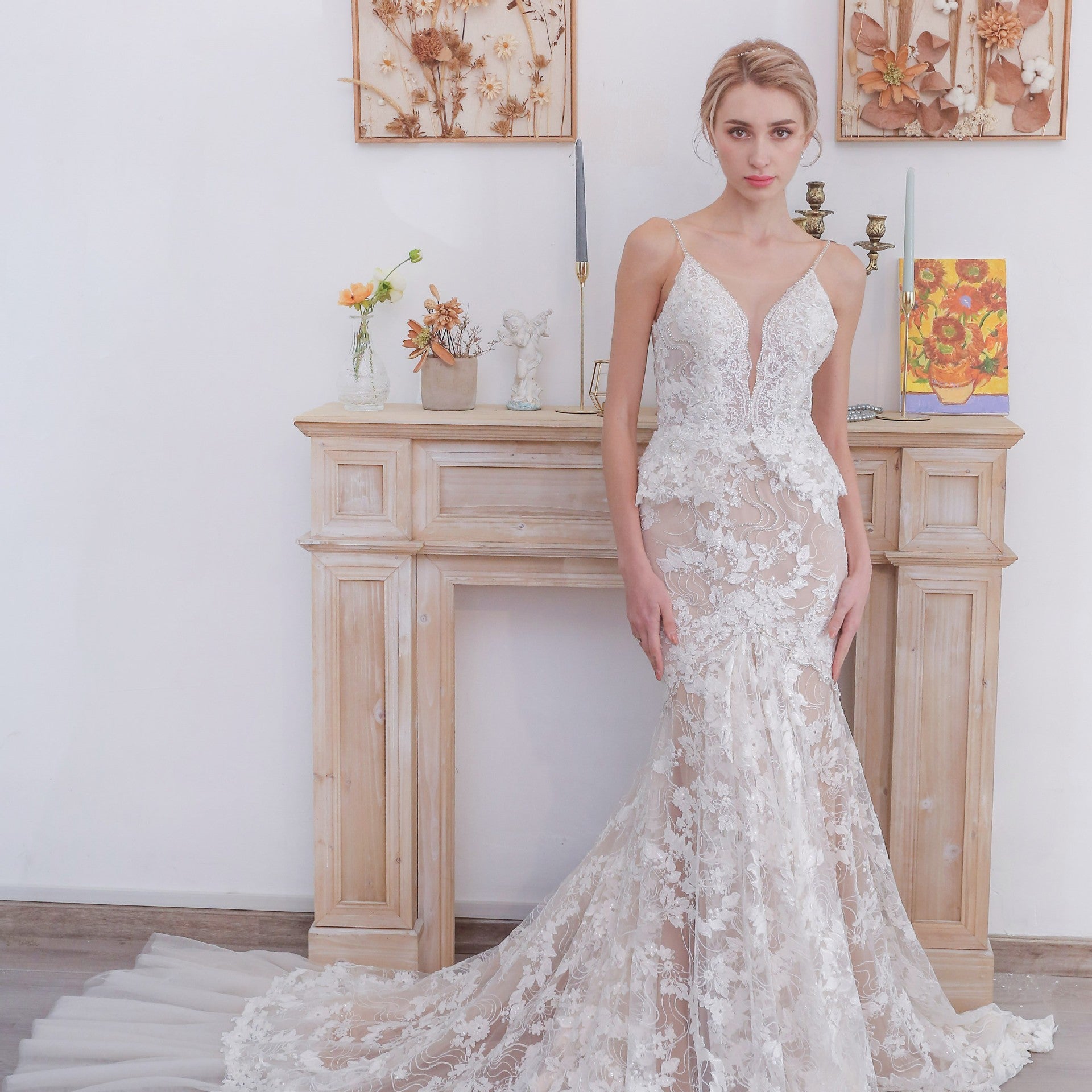 Spaghetti Strap V-Neckline Lace Mermaid Wedding Dress with Beading Ivory and Champagne / 18w Spaghetti Strap V-Neckline Lace Mermaid Wedding Dress with Beading Ivory and Champagne / 18w
