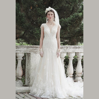 Vintage A-Line V Neck Cap Sleeve Lace Wedding Dress