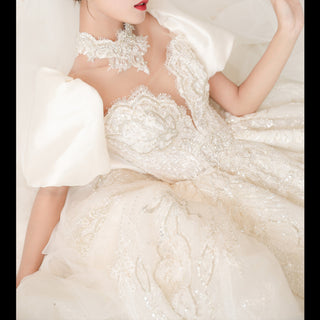 Lantern Short Sleeve Puffy Ball Gown Wedding Dress Luxury Design