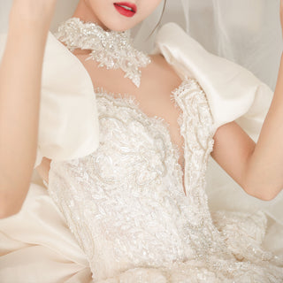 Lantern Short Sleeve Puffy Ball Gown Wedding Dress Luxury Design