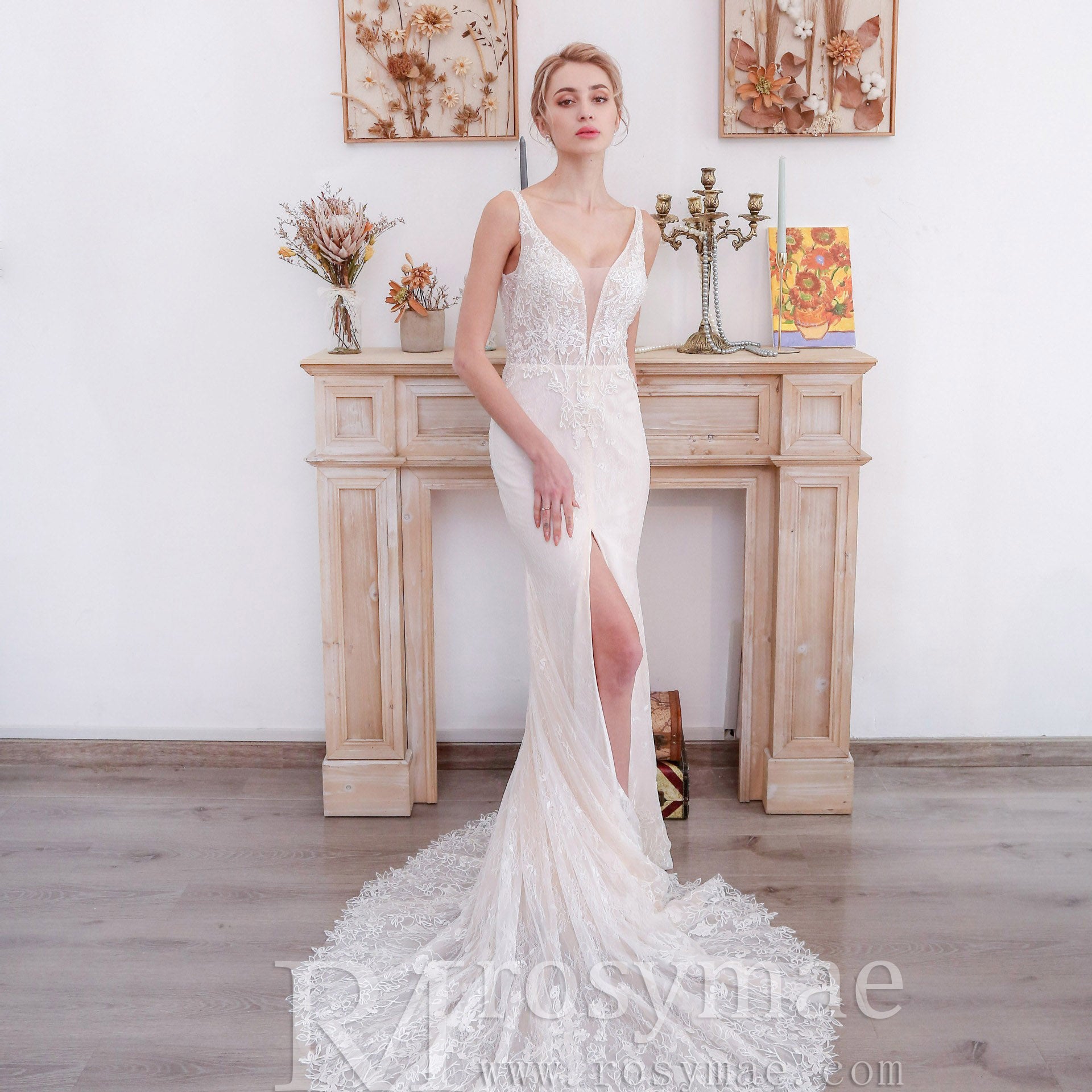 High Side Slit Mermaid Wedding Dresses with Deep V-Neck White-Champagne / 22W High Side Slit Mermaid Wedding Dresses with Deep V-Neck White-Champagne / 22W