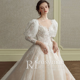 Sheer Front Ball Gown Wedding Dress With Long Lantern Sleeves
