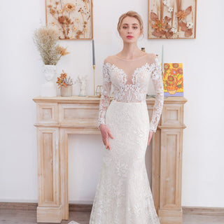 Long-Sleeve-Ball-Gown-Strapless-Chapel-Train-Lace-Wedding-Gown