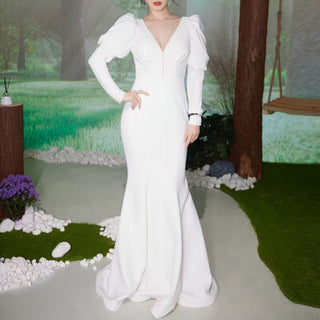 Puffy Sleeve Sheath Bridal Gown V-neck Wedding Dress