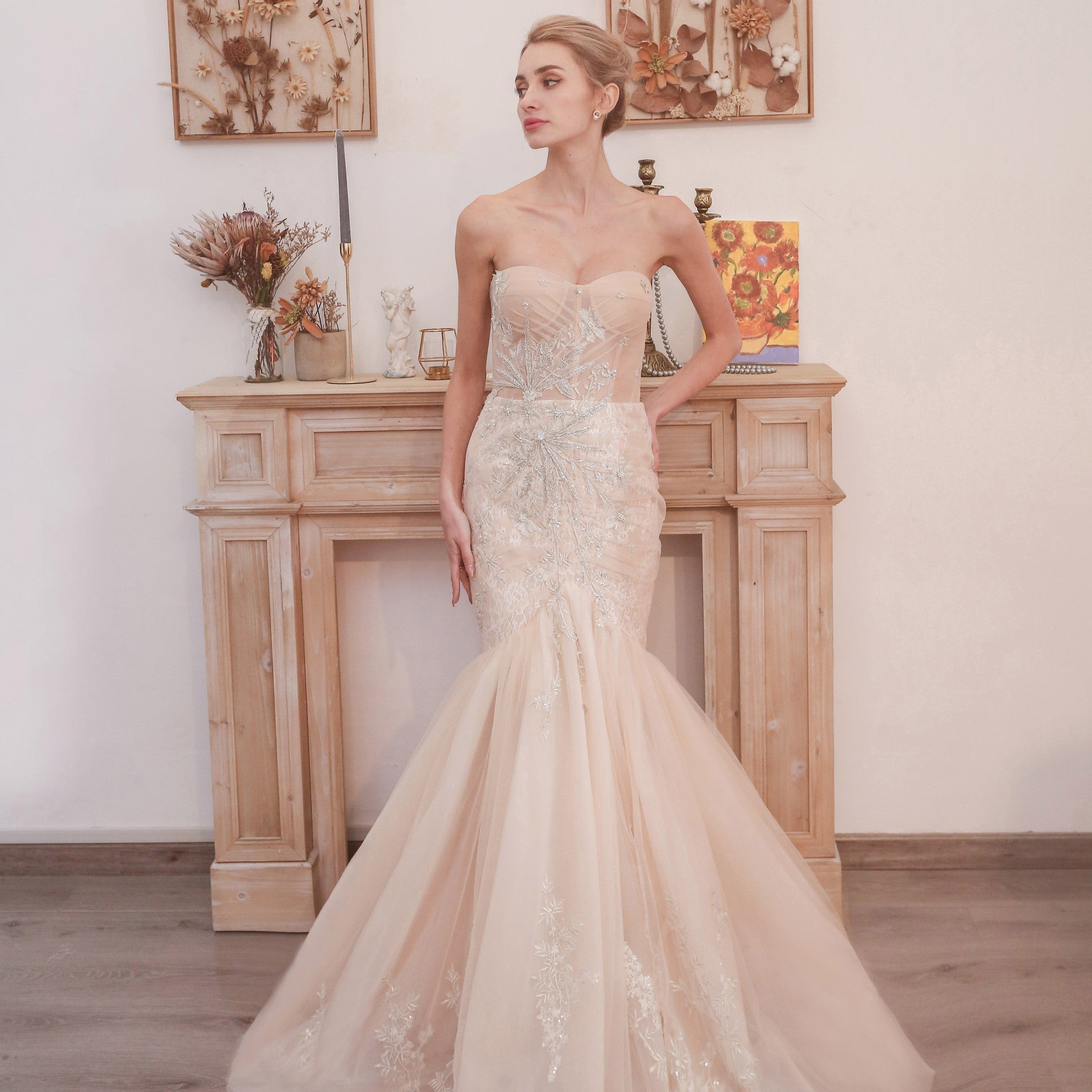 Mermaid Boho Wedding Dress Strapless Bridal Wedding Gown Champagne / Custom Size Mermaid Boho Wedding Dress Strapless Bridal Wedding Gown Champagne / Custom Size