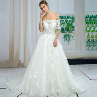Lace Half Sleeve Off-Shoulder A-line Lace Wedding Dresses