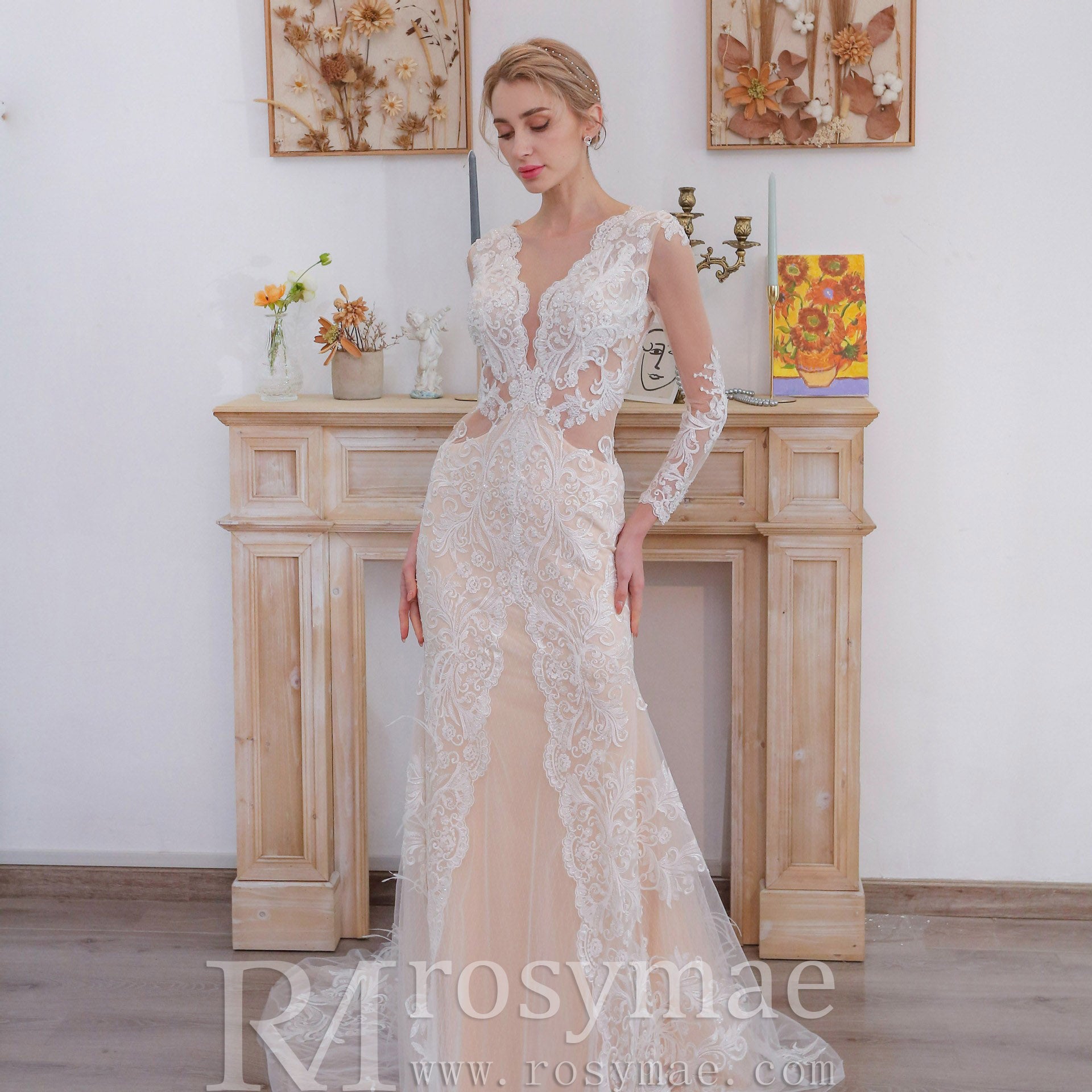 Keyhole Back Long Sleeve Low V Neck Mermaid Wedding Dress White / 6 Keyhole Back Long Sleeve Low V Neck Mermaid Wedding Dress White / 6
