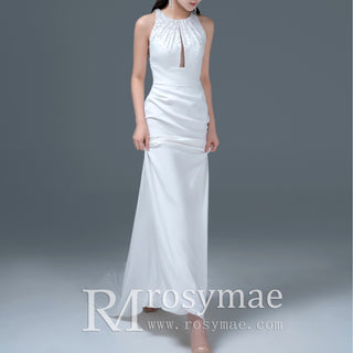O-neck Satin Fit Flare Bridal Gown Wedding Dress with Keyhole