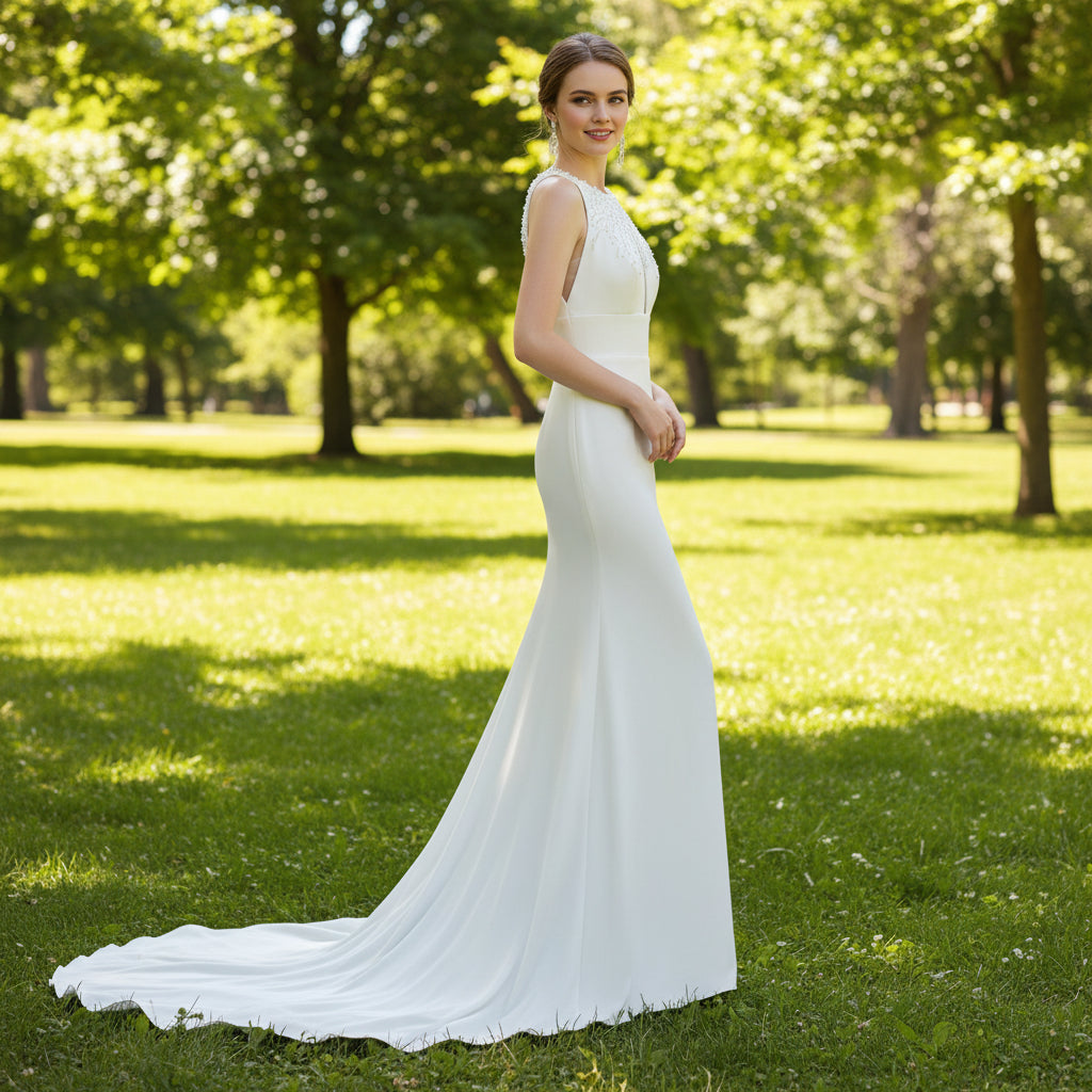 O-neck Satin Fit Flare Bridal Gown Wedding Dress with Keyhole Rosymae O-neck Satin Fit Flare Bridal Gown Wedding Dress with Keyhole Rosymae