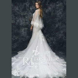 Floral Lace Mermaid Wedding Dress with Cloak Cape 