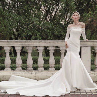 Affordable Off Shoulder Long Sleeve Satin Wedding Dresses